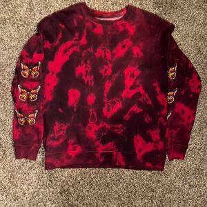 Red and Black Tie-Dye Sweatshirt with Butterfly Patches